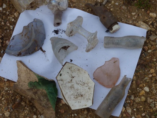 bits of glass found in tip by Roman road near Villa Roquette in Montblanc, Languedoc France